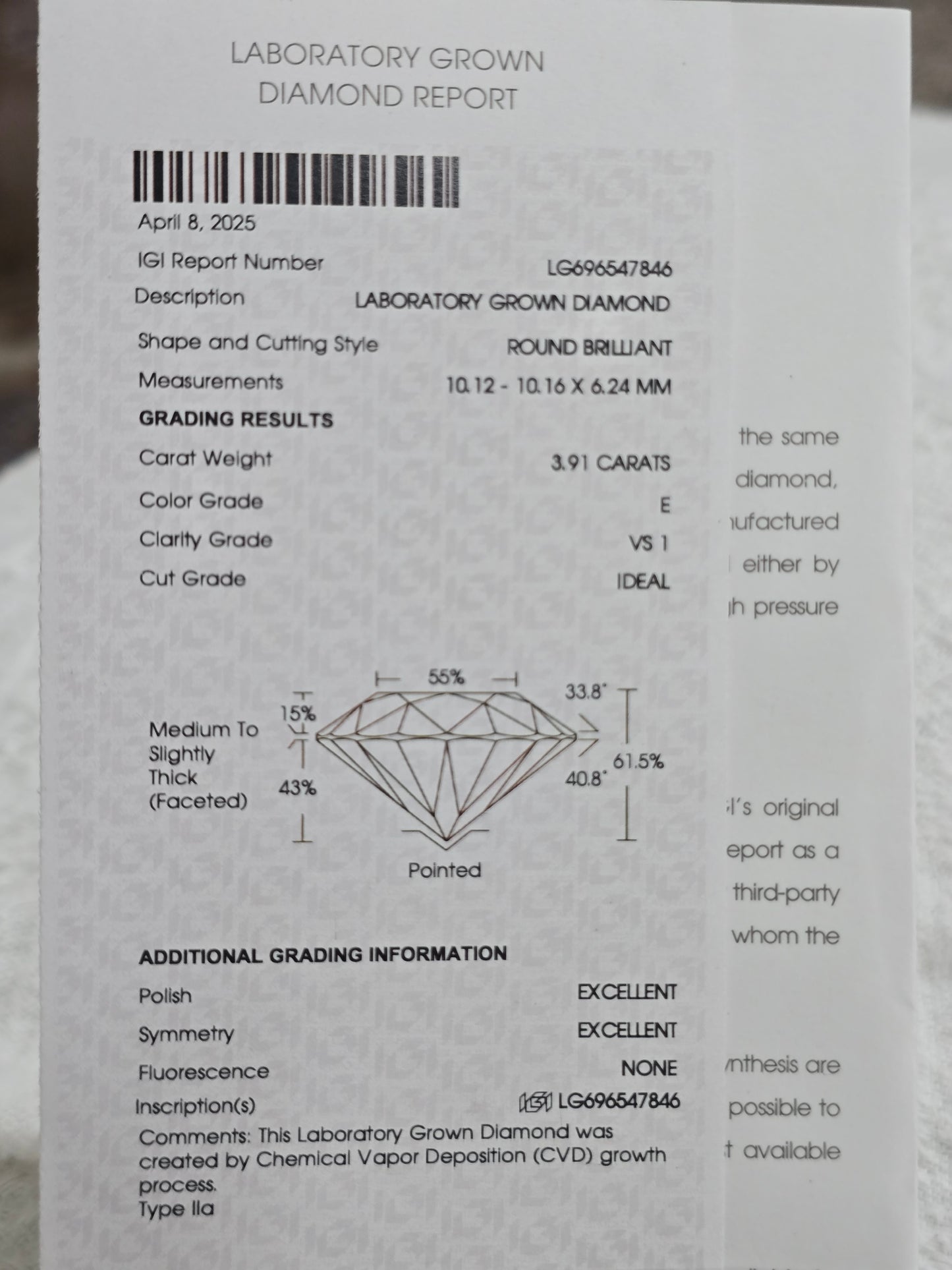 3.91ct Round Cut Lab Diamond