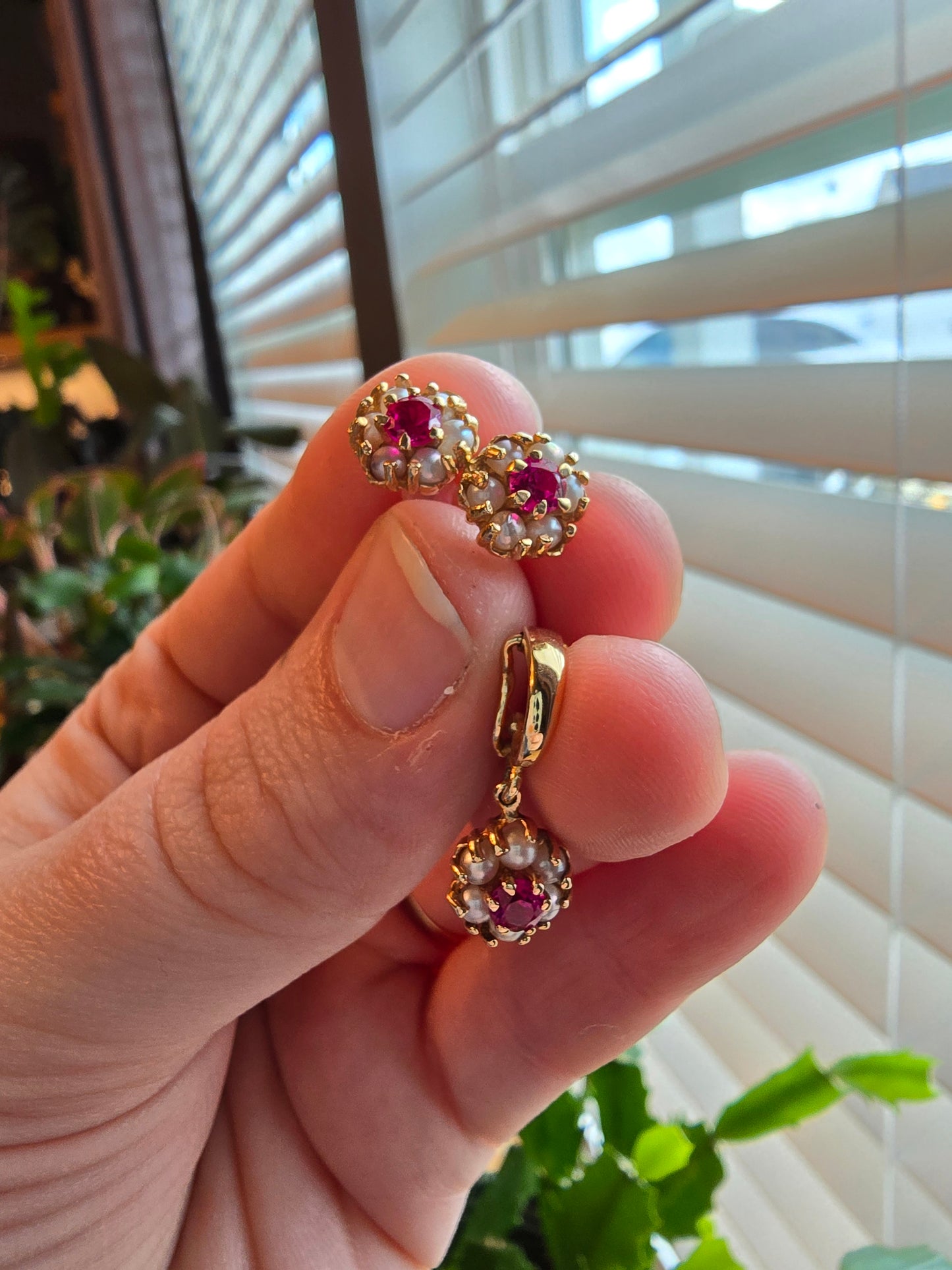 14K Gold Ruby and Pearl Enhancer Pendant and Earrings Set