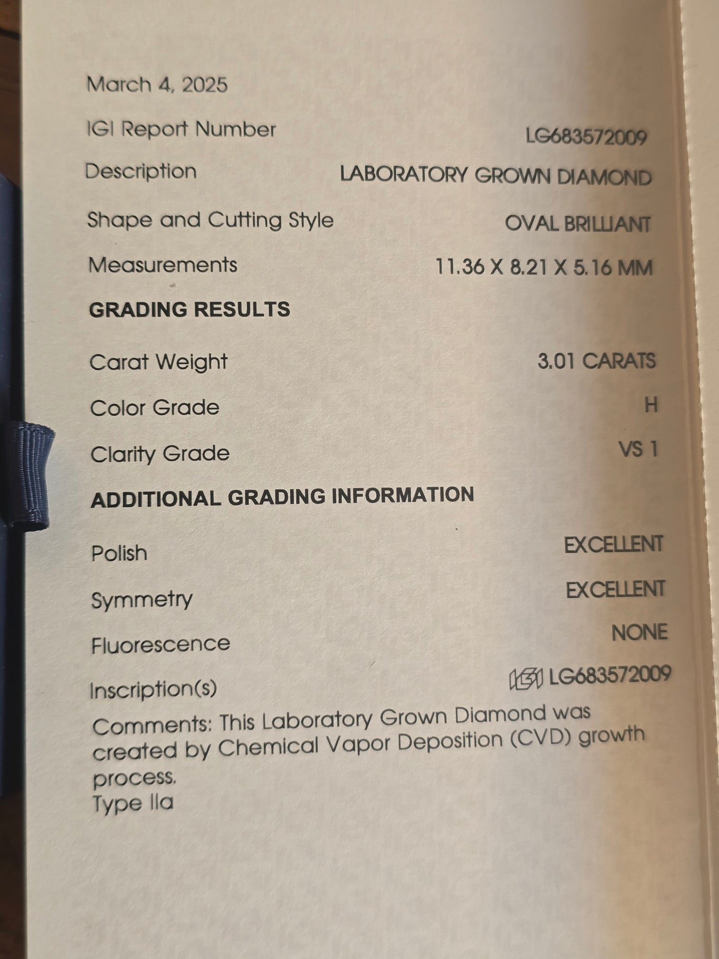 3.01ct Oval Lab Diamond with IGI Report