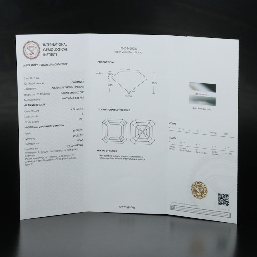 Loose 4.02 CT Square Emerald Cut Lab Grown Diamond with IGI Report