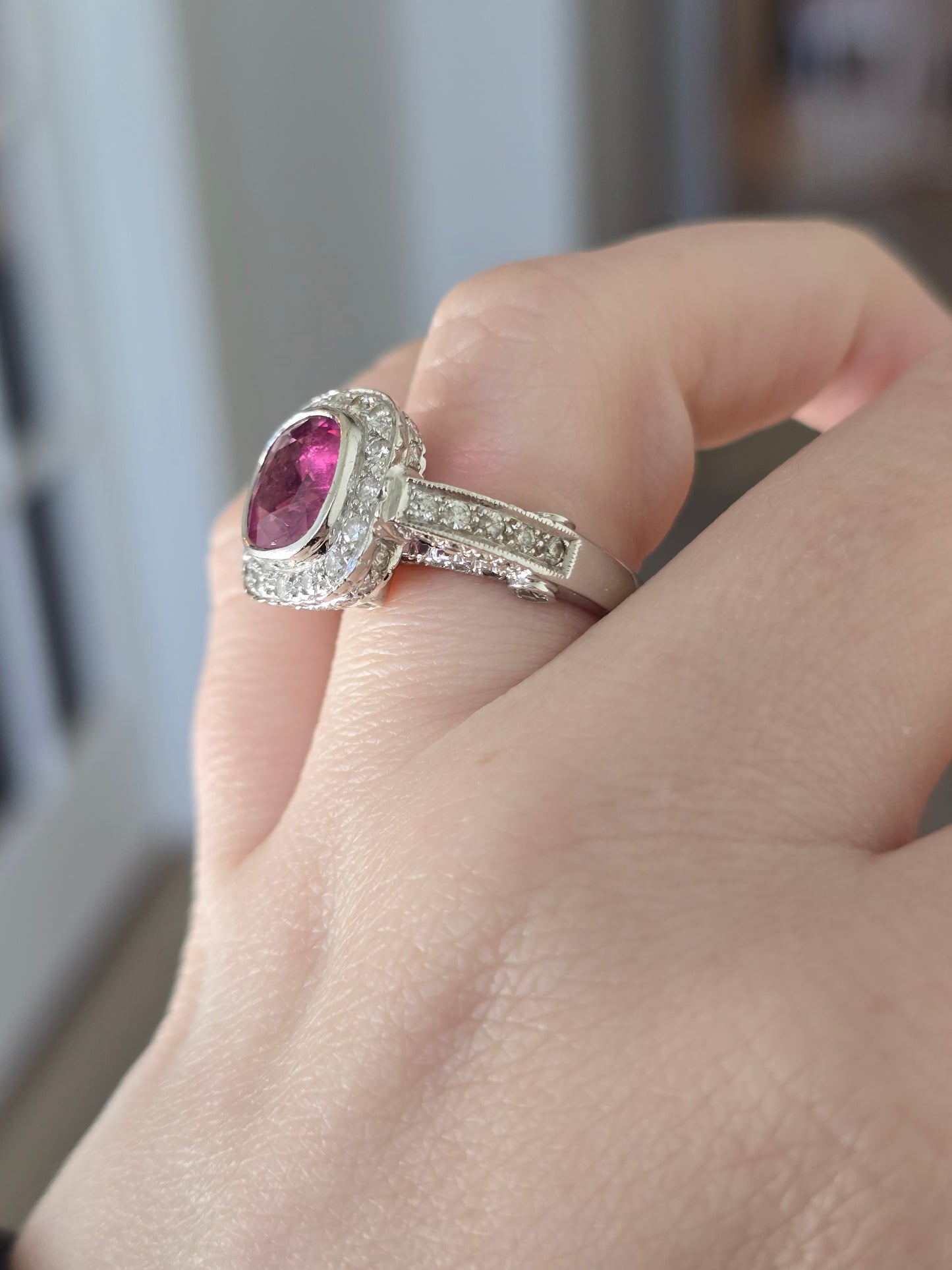 18k White Gold Pink Tourmaline and Diamond Ring