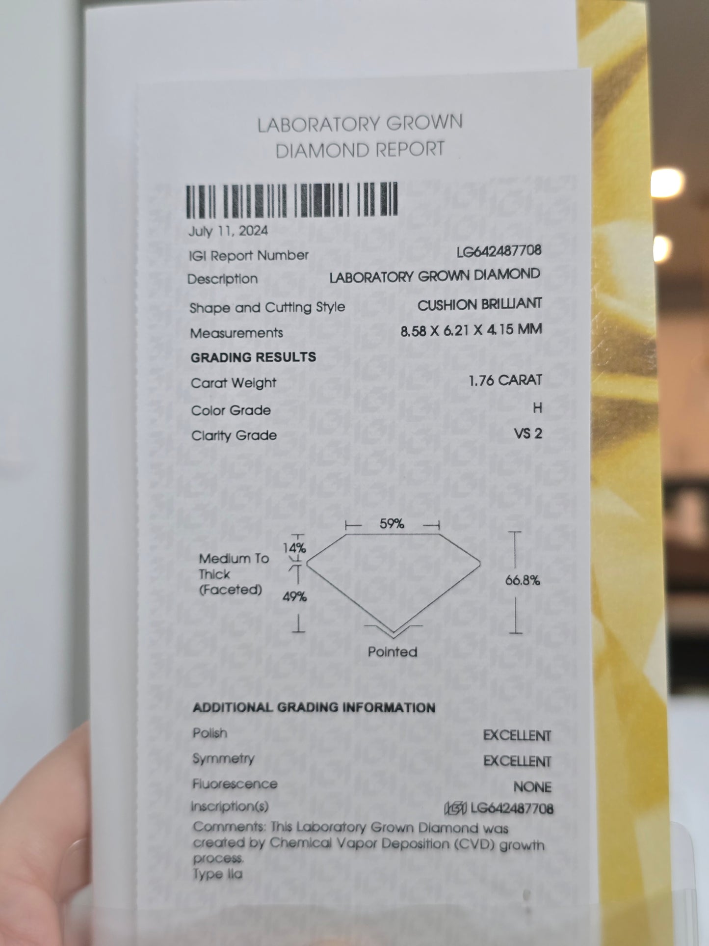 1.76ct Cushion Lab Grown Diamond with IGI Report