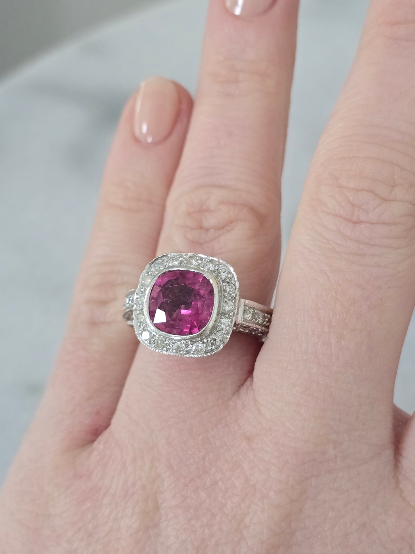 18k White Gold Pink Tourmaline and Diamond Ring