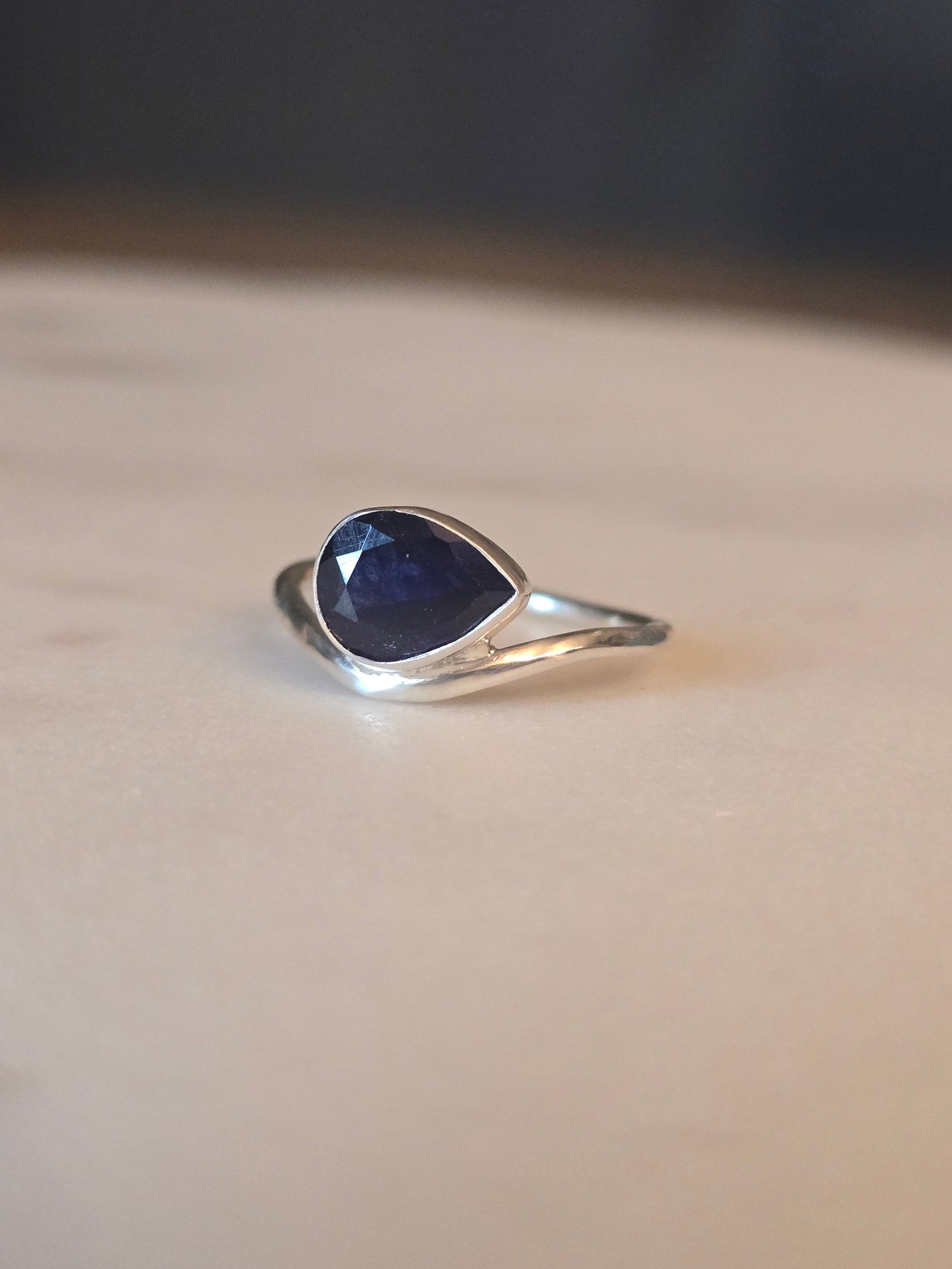 The Meridian Ring - Handmade East–West Pear Blue Sapphire - Size 6