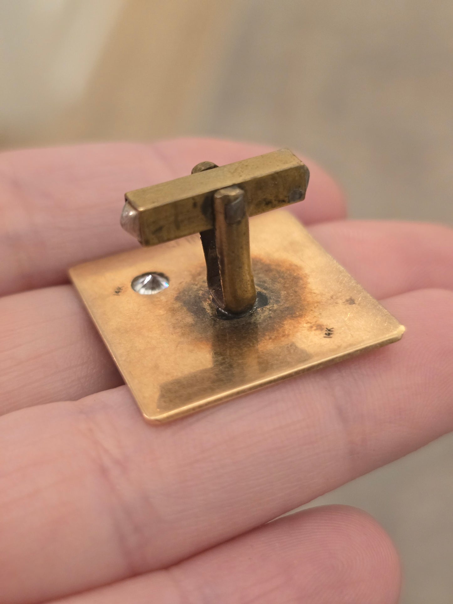 Antique Single 10K Yellow Gold White Sapphire Cufflink