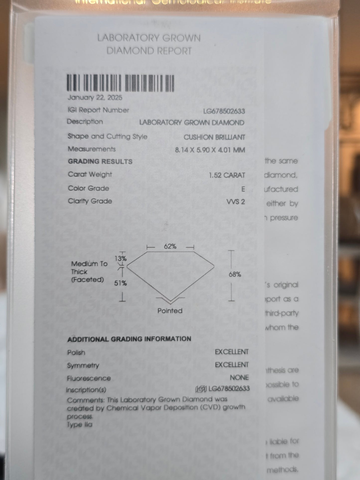 1.52ct Cushion Lab Grown Diamond with IGI Report