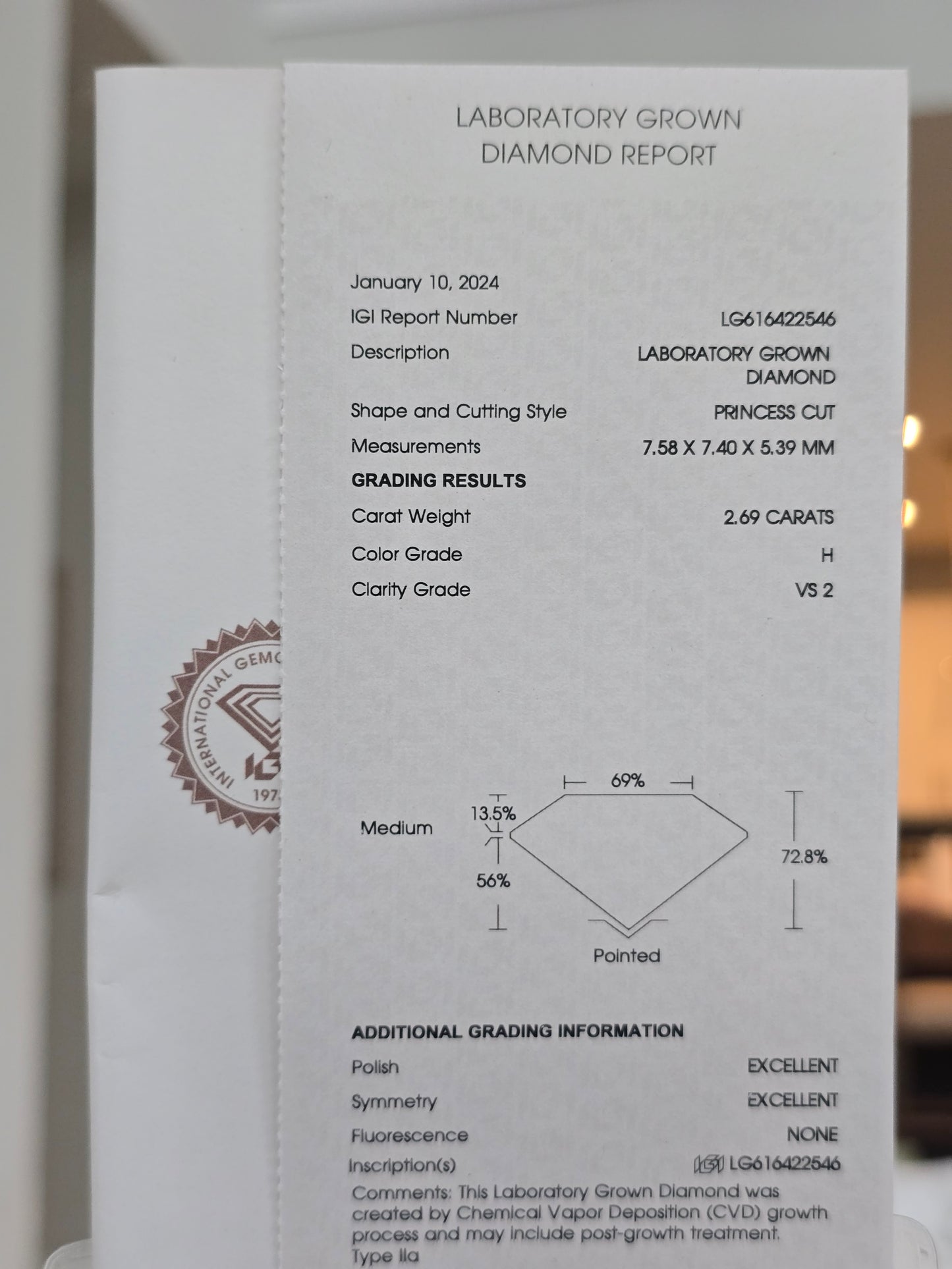 2.69ct Princess Cut Lab Grown Diamond with IGI Report
