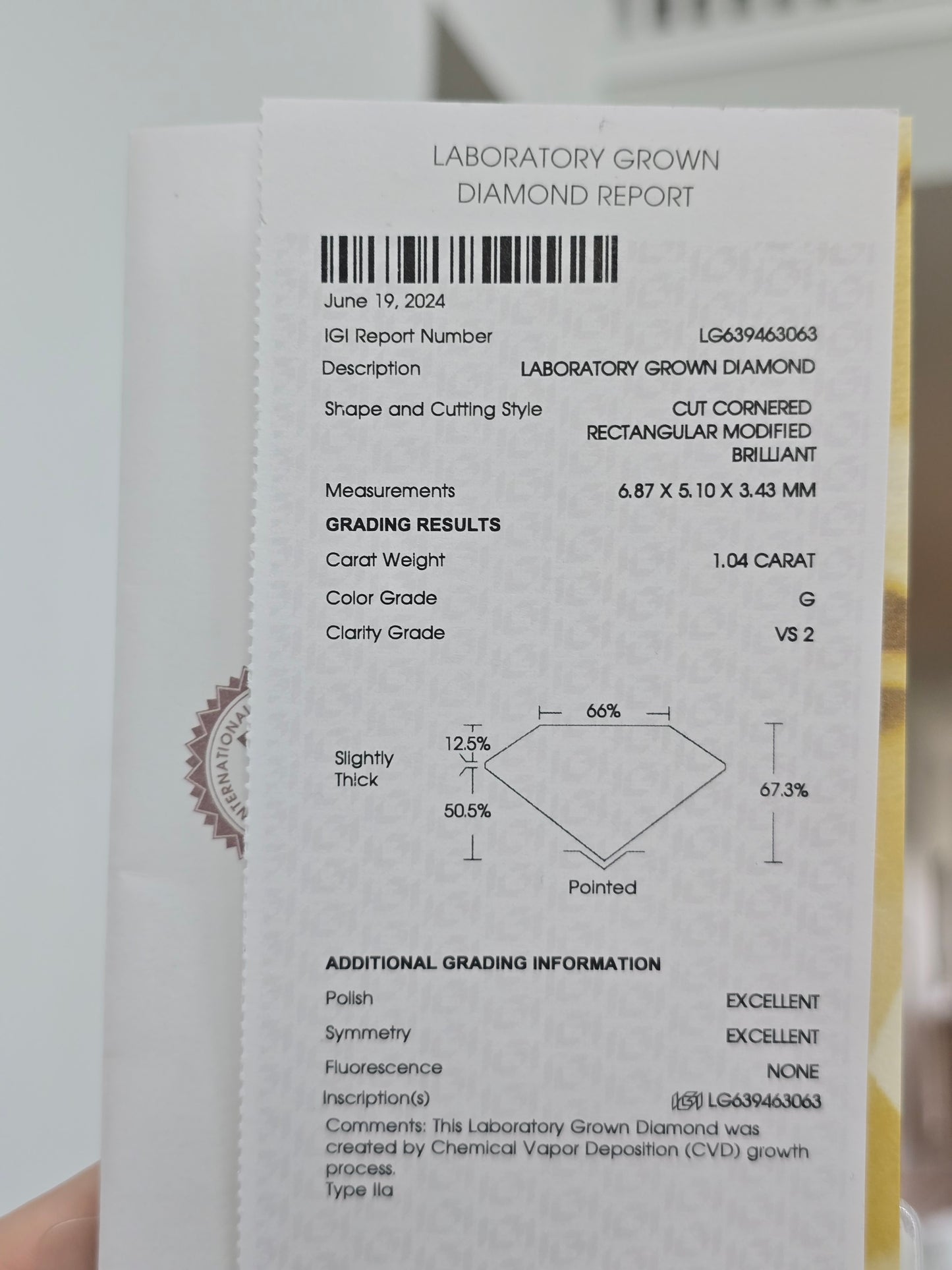 1.04ct Radiant Lab Grown Diamond with IGI Report