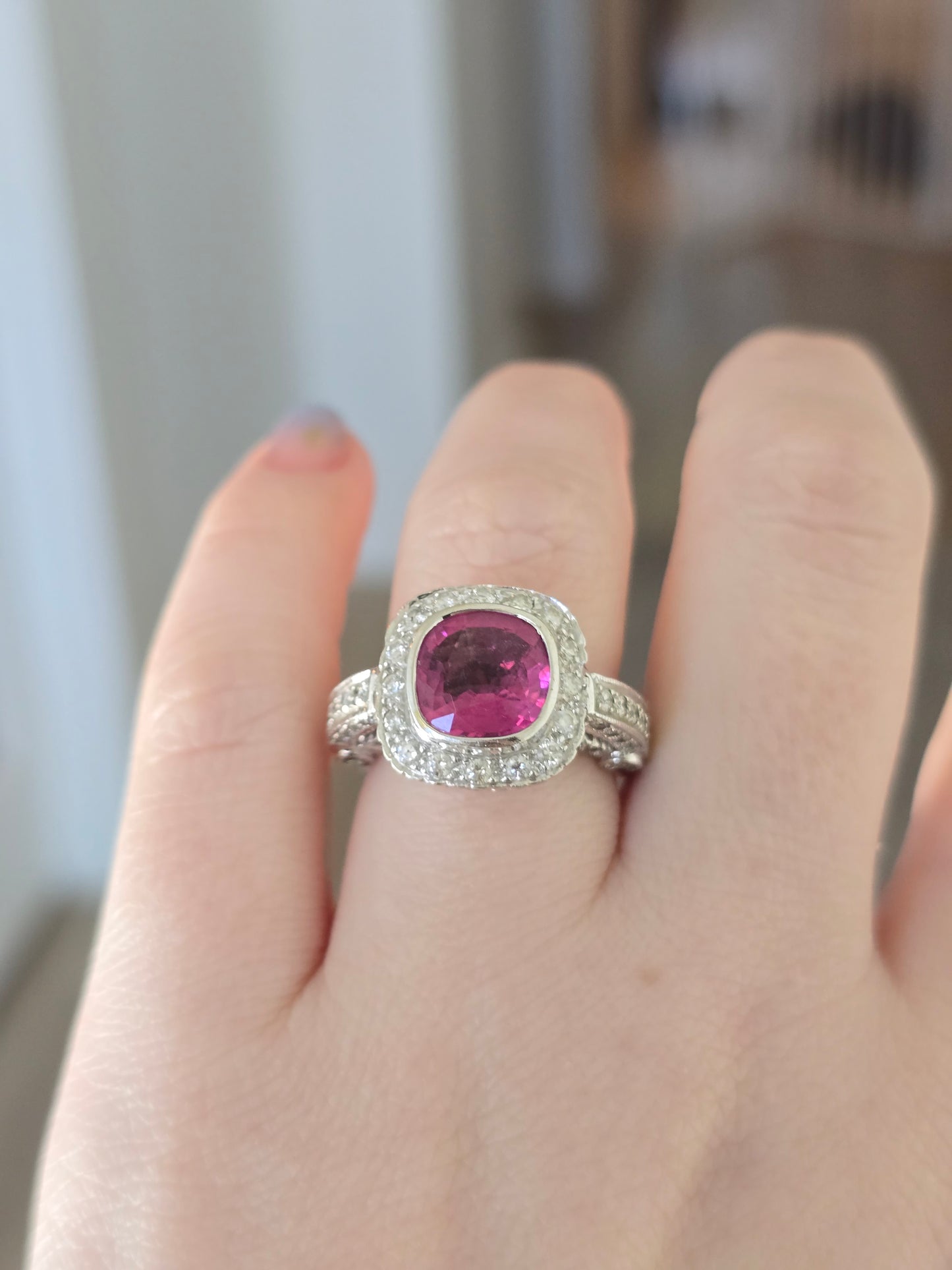 18k White Gold Pink Tourmaline and Diamond Ring