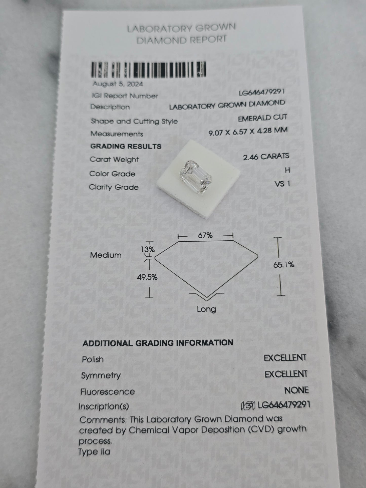 2.46ct Emerald Cut Lab Grown Diamond with IGI Report