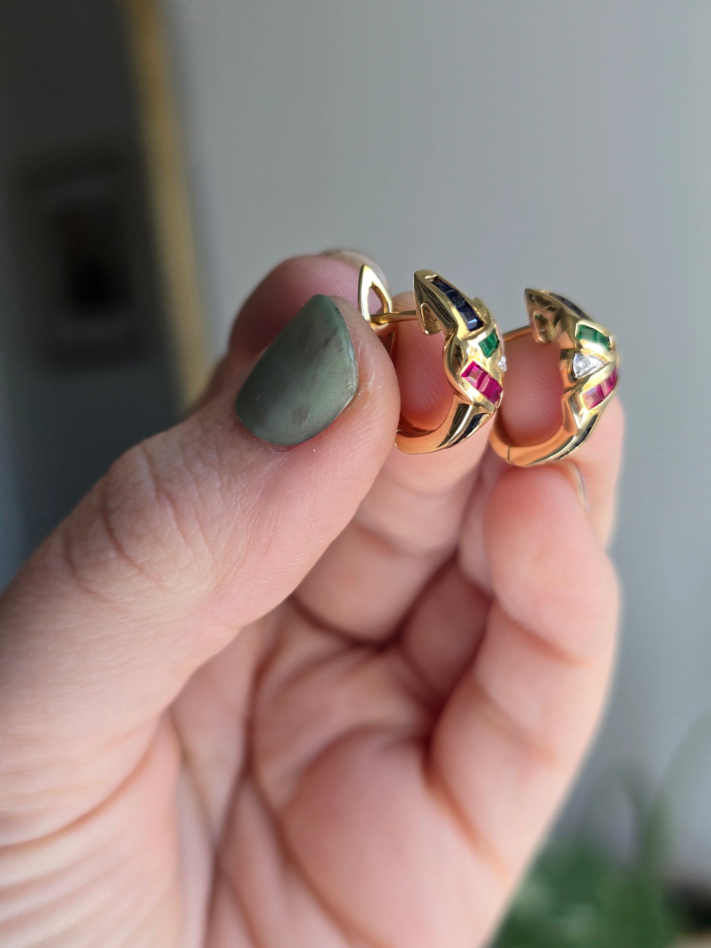 18k Yellow Gold Ruby, Emerald, Sapphire and Diamond Hoop Earrings