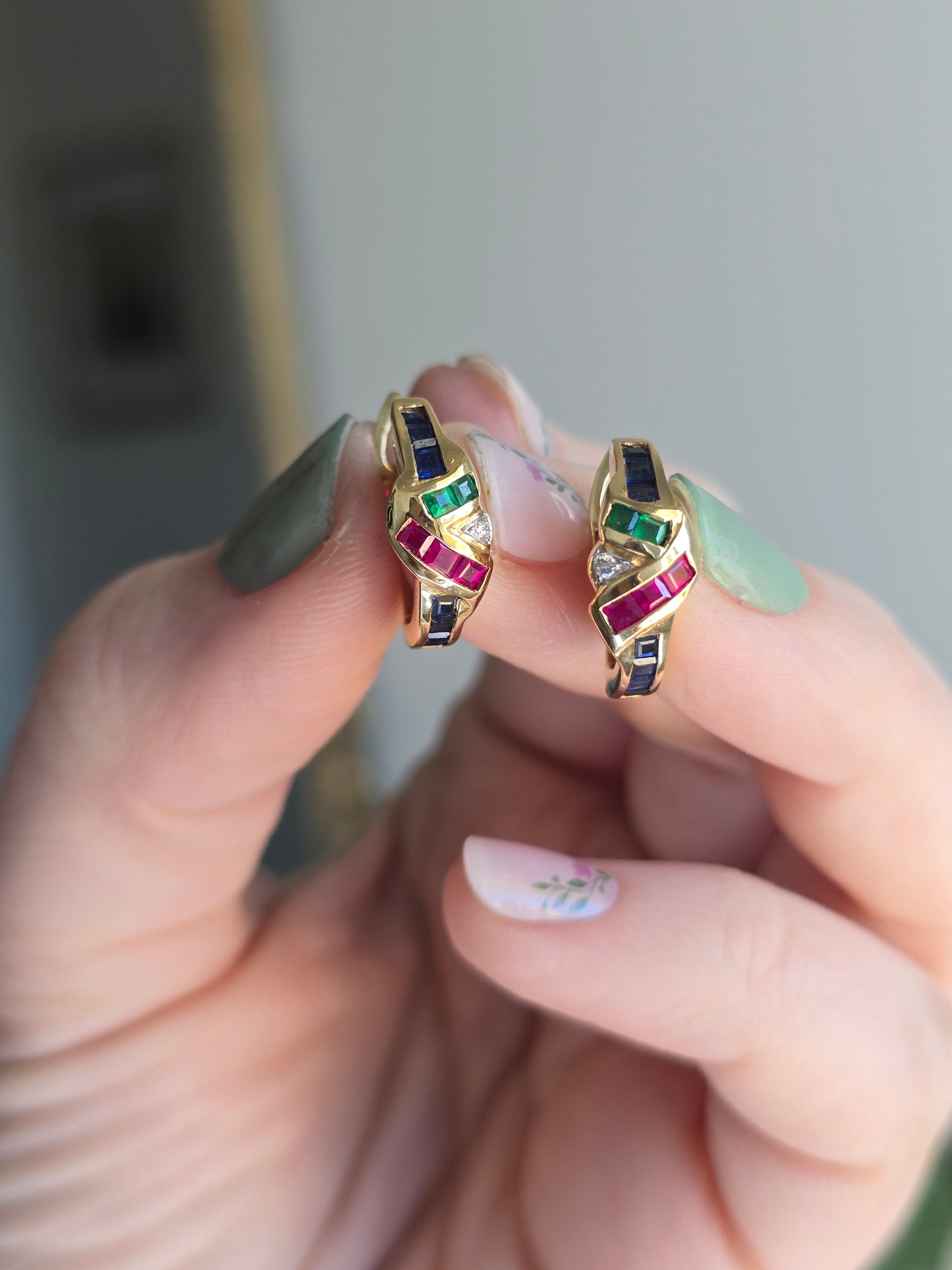 18k Yellow Gold Ruby, Emerald, Sapphire and Diamond Hoop Earrings