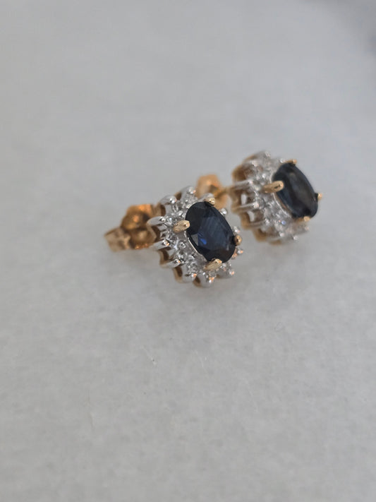 14k Yellow Gold Sapphire Diamond Halo Stud Earrings