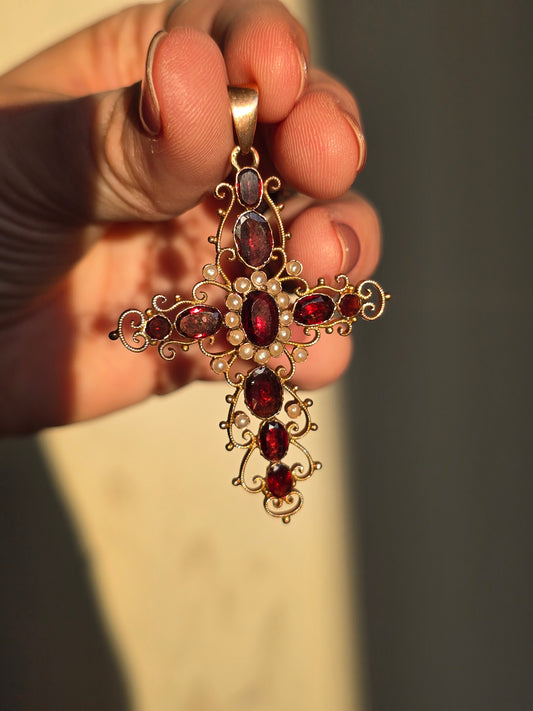 10K Garnet and Seed Pearl Cross Pendant