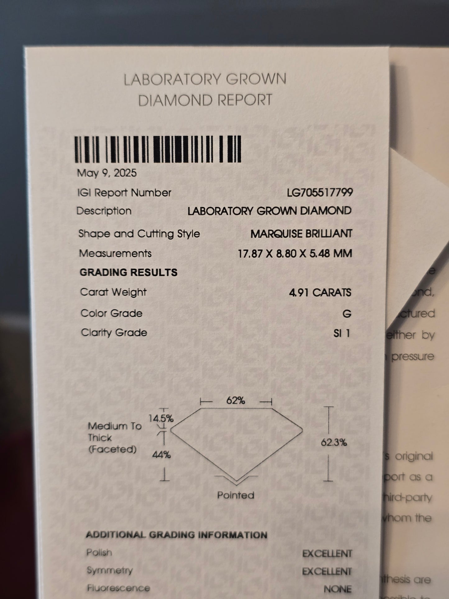 Loose 4.91 CT Marquise Lab Grown Diamond with IGI Report