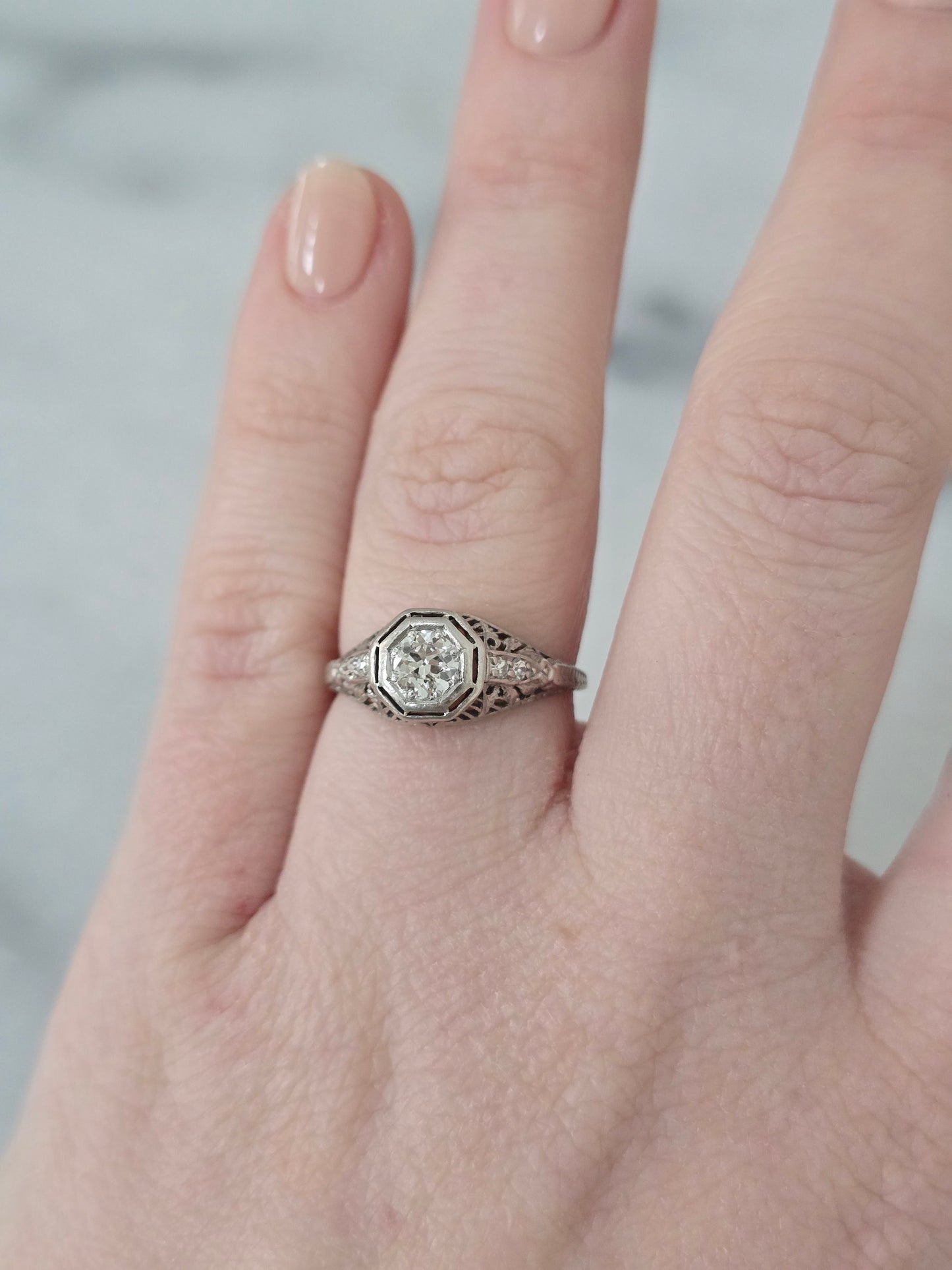 Antique Platinum 0.43ct European Cut Center Diamond Ring