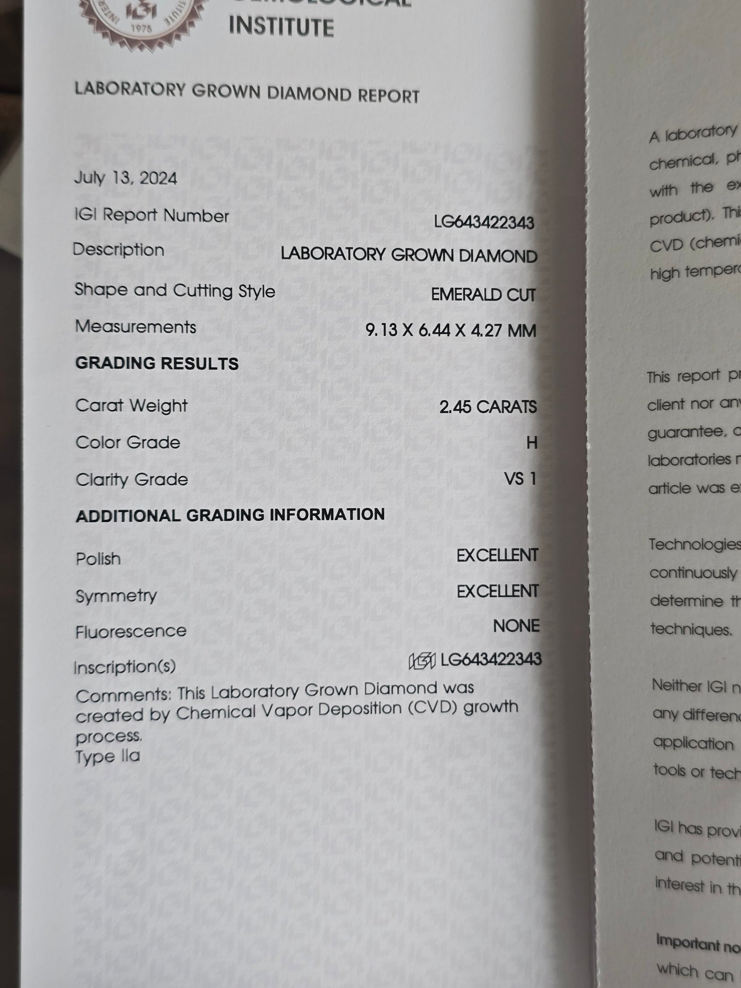 2.45ct Emerald Cut Lab Grown Diamond with IGI Report