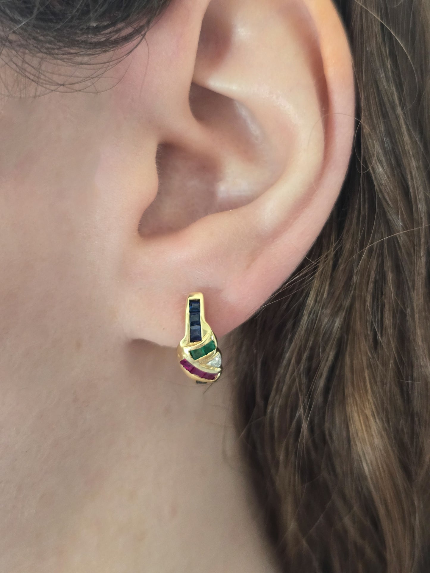 18k Yellow Gold Ruby, Emerald, Sapphire and Diamond Hoop Earrings