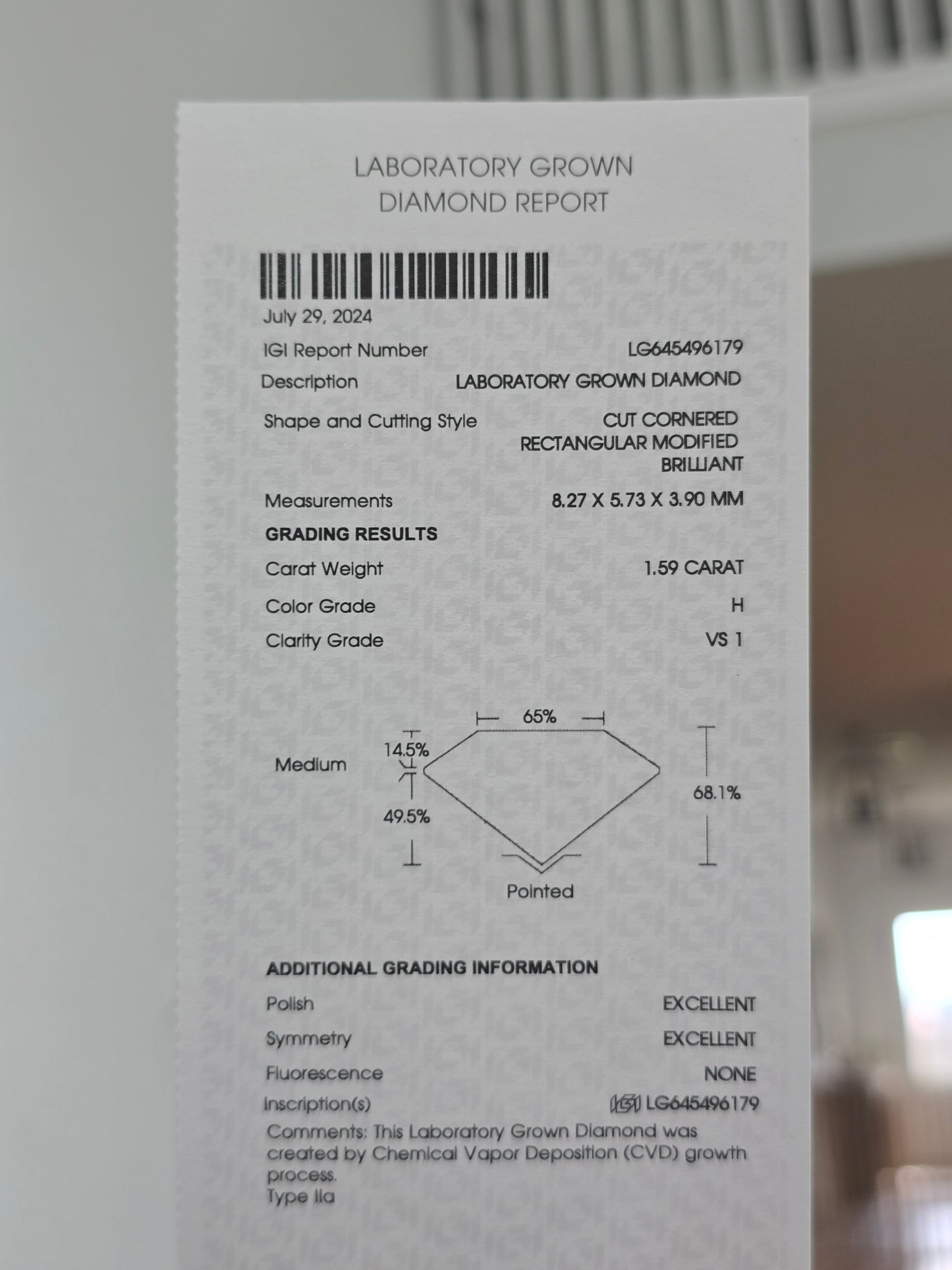 1.59ct Radiant Lab Grown Diamond with IGI Report