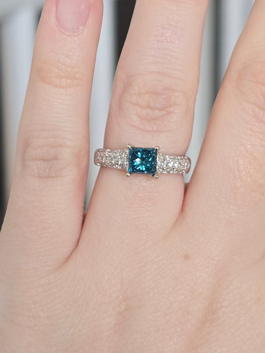 18k White Gold 1.27ct Diamond Ring with Lab Grown Blue Center